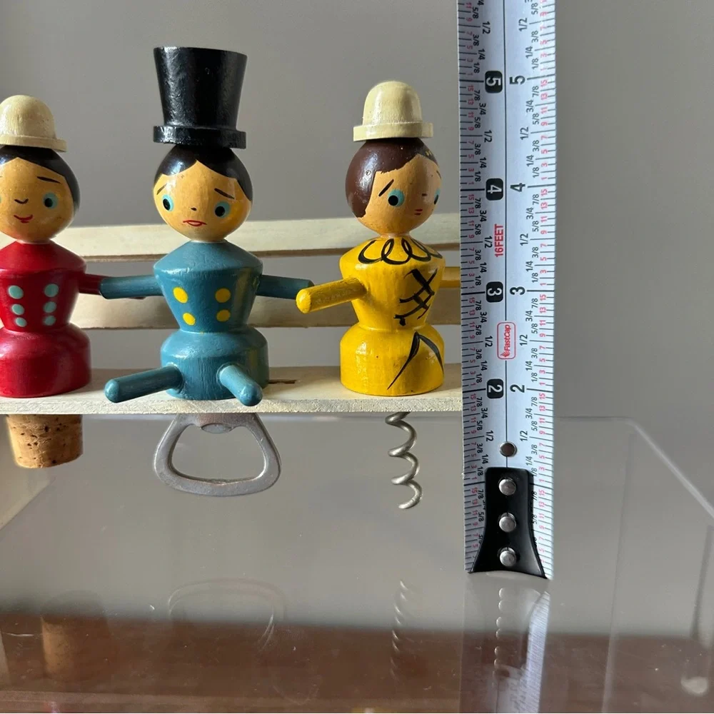 Vintage Wooden Bar Set, Cork, Cork Screw, Bottle Opener, Hand Painted, 1950’s